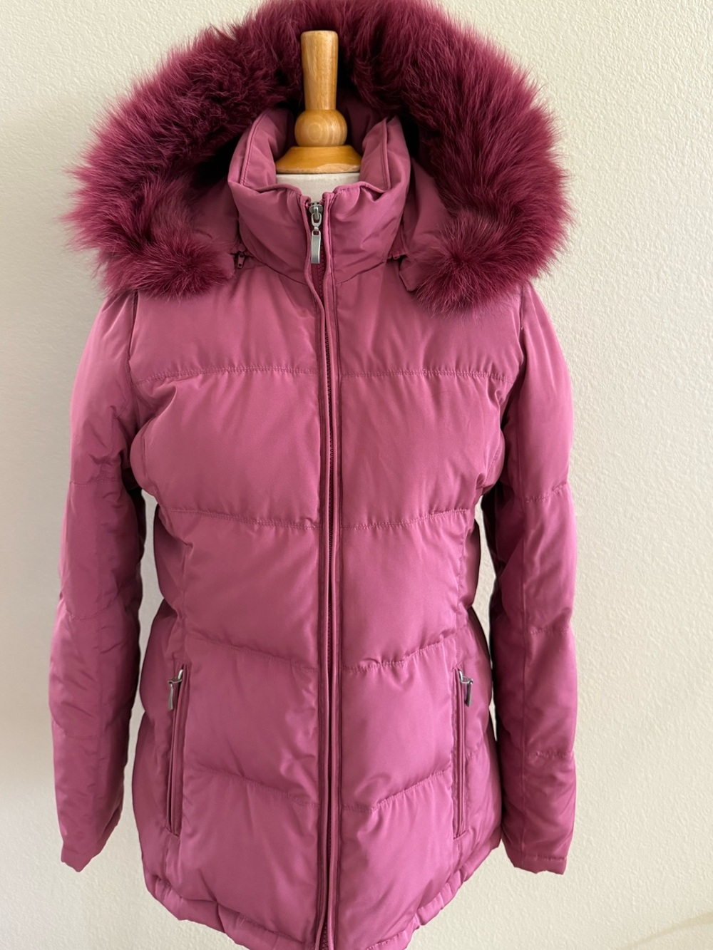 SJB Women’s Quilted Puffer Jacket Coat SZ Detachable Fox Trim Hood Purple